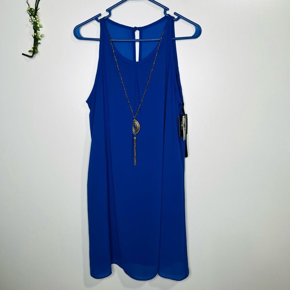 By & By Ocean Blue High Neck Swing Dress Gold Necklace NWT! Sz Large